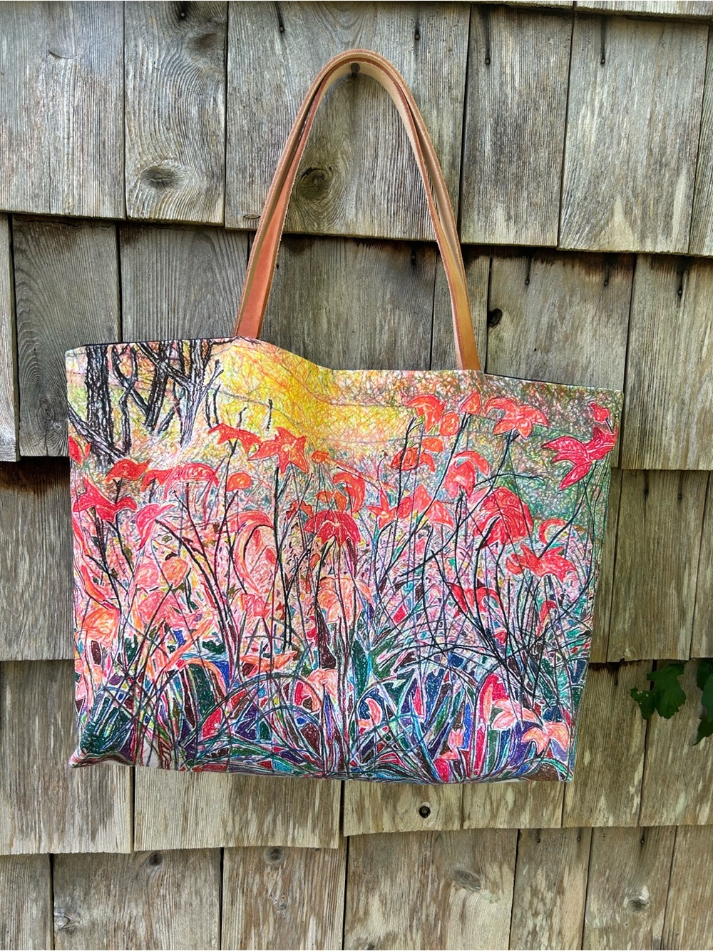 Day Lily Art Canvas Tote, Original Pastel Drawing.